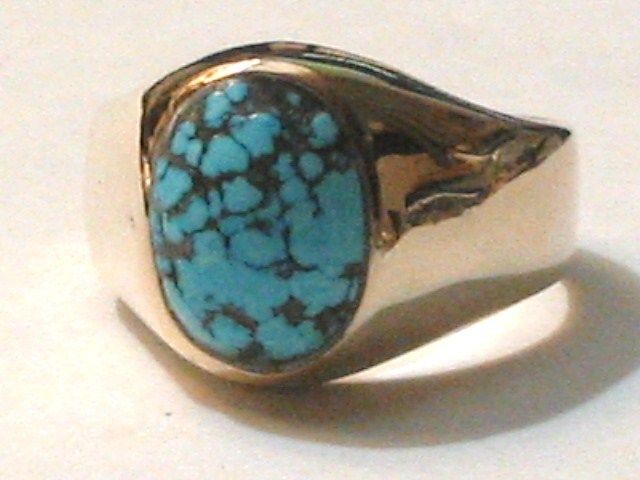 Men's SIGNET STERLING SILVER Gold Plate SPIDER WEB TURQUOISE #8? 13.5g RING S10