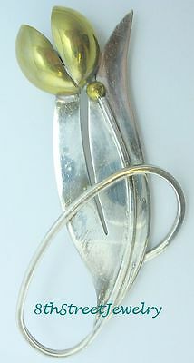Estate Mixed Metals Sterling Silver 925 Modernist Tulip Flower Pin Brooch Mexico