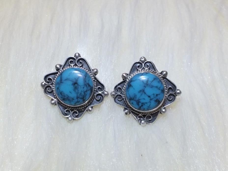 Vintage Mexico Sterling Silver 925 Turquoise Screwback Earrings