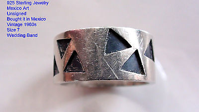 Vintage Wide 8mm Ring Geometrical Sterling Silver Wedding Band UnSigned Tested