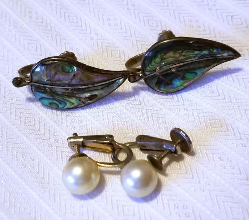 Vintage CCC Taxco Abalone .925 Silver Earrings & Faux Pearl Earrings