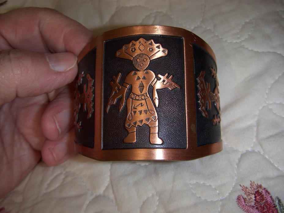 Large vintage copper mexican deity design cuff bracelet