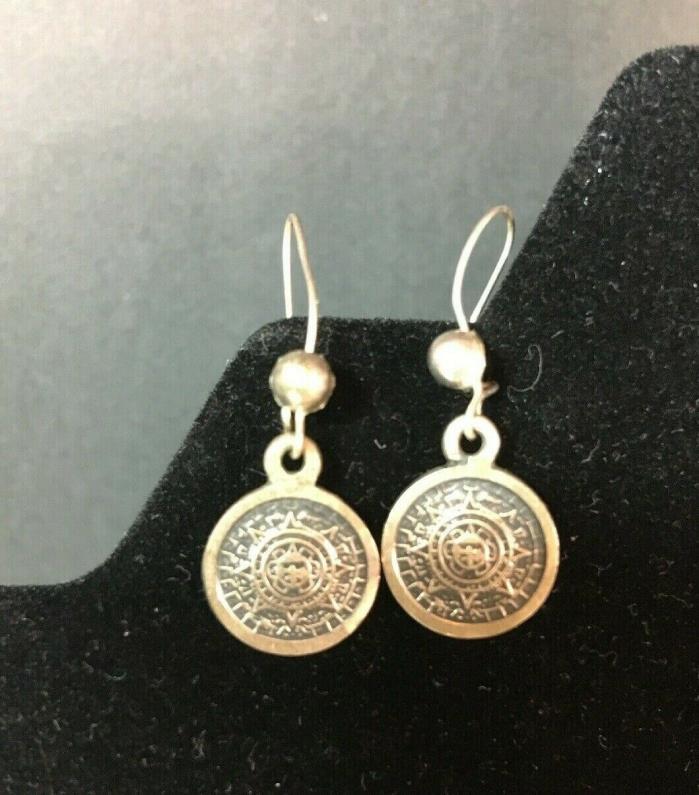Vintage Mexico 925 Sterling Silver Mayan Aztec Calendar Earrings Dangle Drop