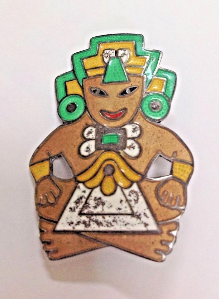 Rare Vintage Enamel on Silver MARGOT TAXCO Pin, Brooch AZTEC FIGURE