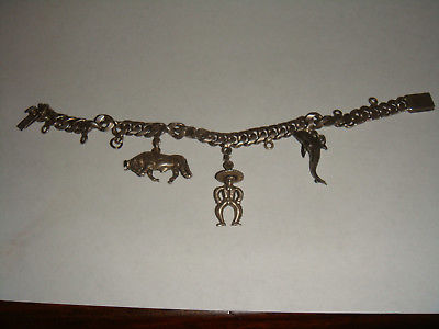 Vintage Sterling Silver Charm Bracelet w/3 Charms - Bull, Man, Dolphin Mexico??