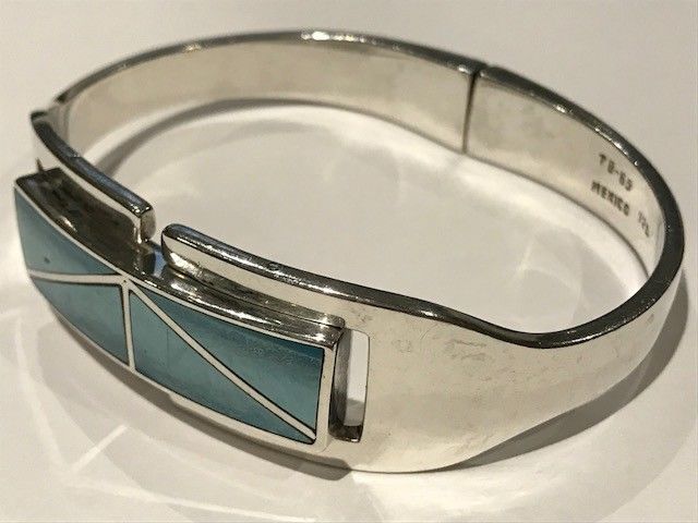 Mexico Sterling Silver 925 Turquoise Chunky Bangle Cuff Hinged Bracelet 53 grams