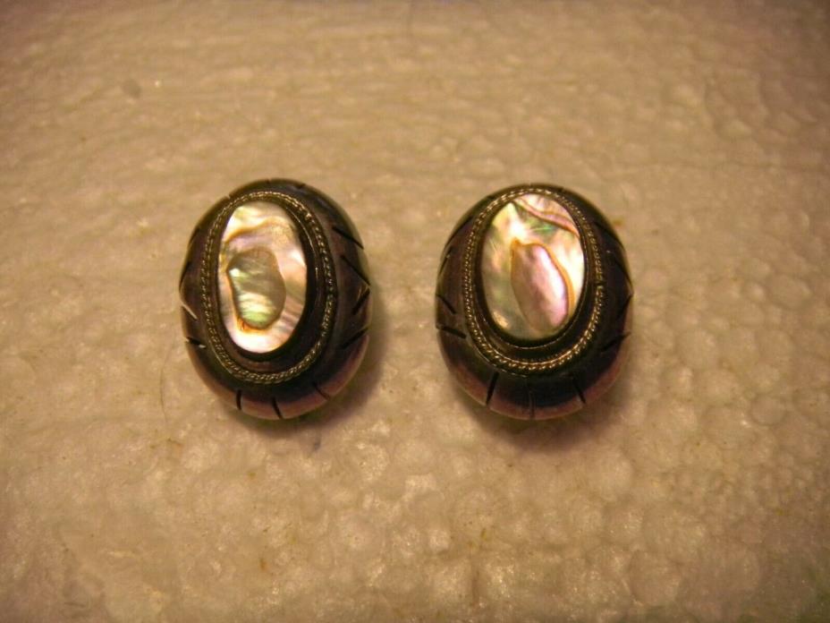 Vintage Clip On Earrings 925 Sterling Abalone Inlay Mexico Taxco Hallmark Cross