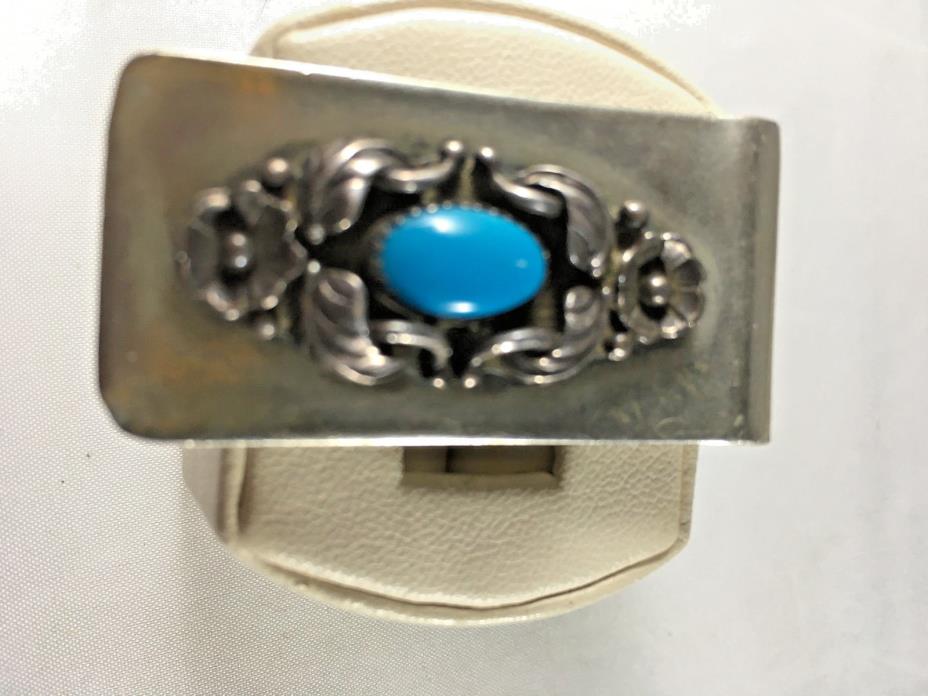 Vintage Nickel Silver Money Clip With Sterling Silver Ornate Design w/turquoise