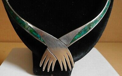 STERLING SILVER & TURQUOISE NECKLACE TAXCO SIGNED TM-20  CROSSED HANDS  CHOKER