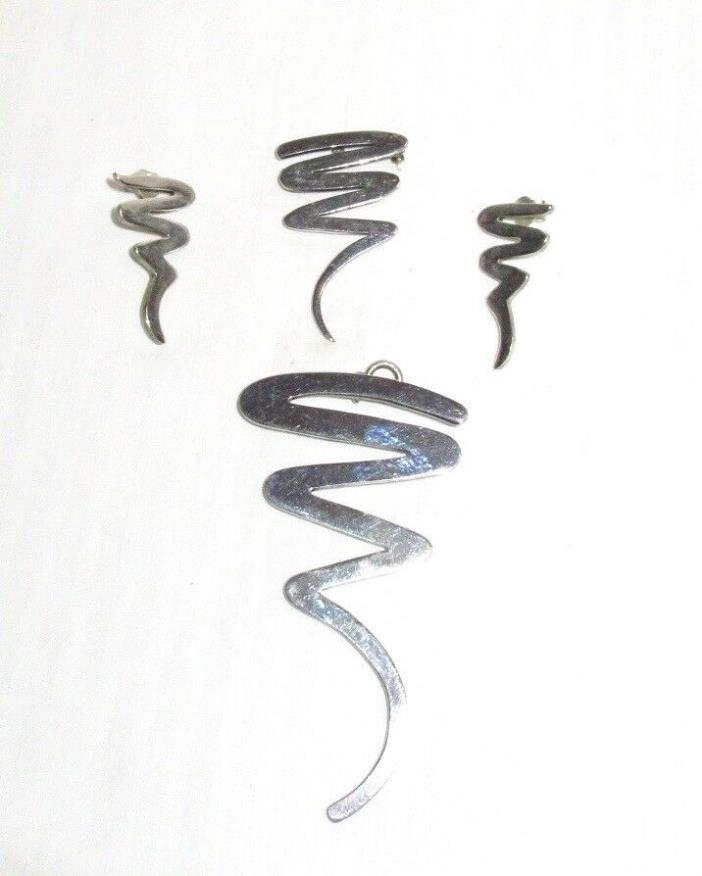 Squiggly Mexico 925 Silver Set - Earrings, 2 Pins - Both Pins Wear as Pendants