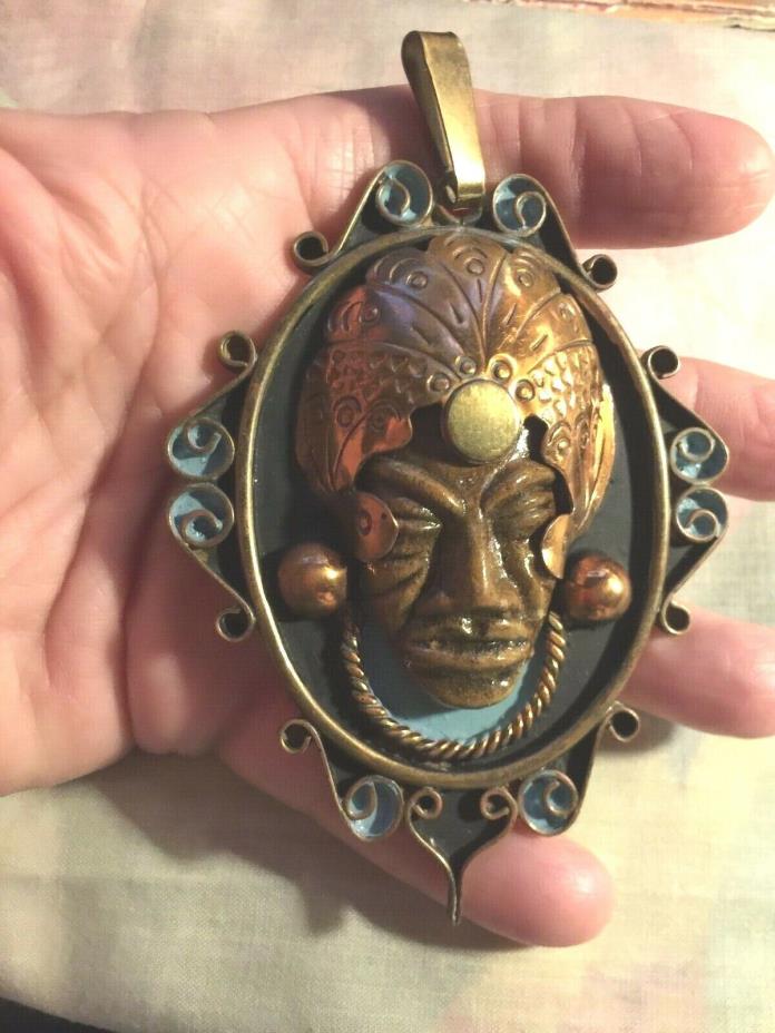 VINTAGE MEXICO MEXICAN CROWN MARK TRIBAL FACE ENAMEL COPPER BRASS