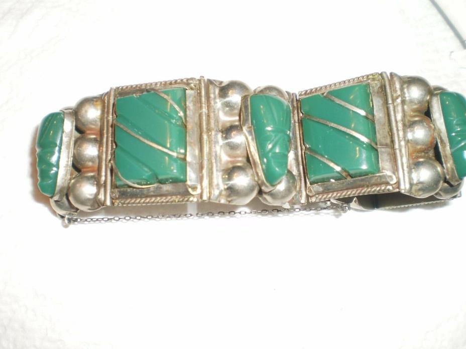 Green Agate Mayan Aztec Tribal Mask 925 Sterling Silver segments chunky nice
