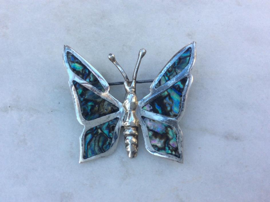 VINTAGE MEXICAN STERLING SILVER & ABALONE BUTTERFLY PIN BROOCHE 925