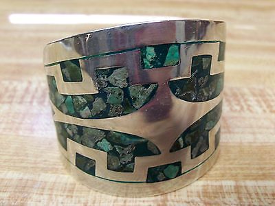 VINTAGE STERLING SILVER .925 TAXCO MOSAIC CHIP INLAY TURQUOISE CUFF BRACELET