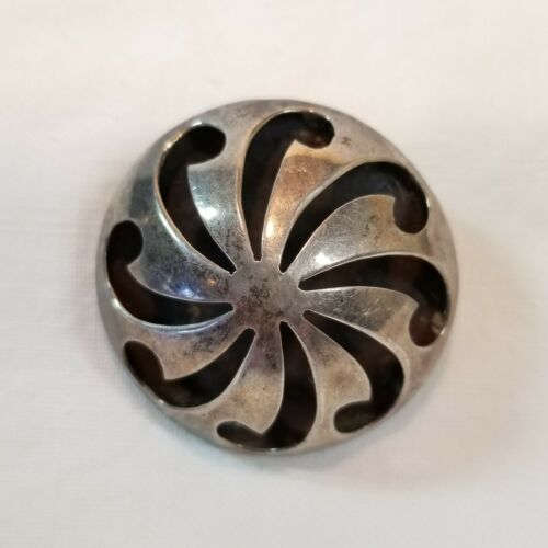 Taxco Mexico Sterling Silver Puffy Circle Cut Out Swirl Design Brooch Pendant