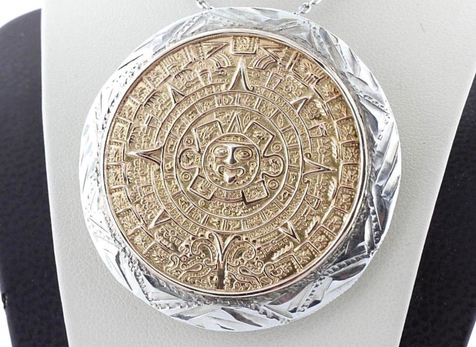 Hecho en Mexico Signed Sterling Silver & Brass Aztec Mayan Calendar Pendant Pin