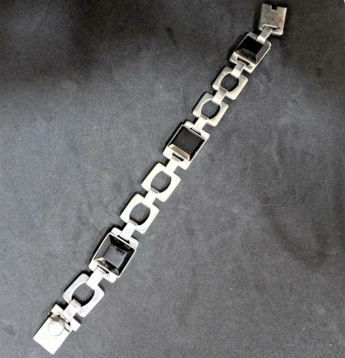 Vintage Mexican Sterling Silver & Black Onyx Bracelet, 8 1/4