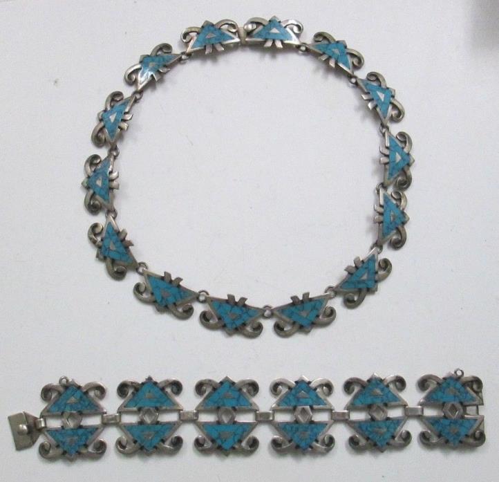 MIGUEL TAXCO MEXICO STERLING SILVER TURQUOISE INLAY NECKLACE BRACELET SET