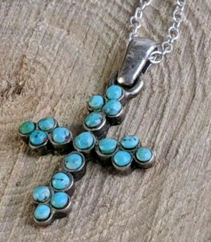 Vintage ATI Mexico 925 Silver Turquoise  Cross Necklace Stamped and Signed