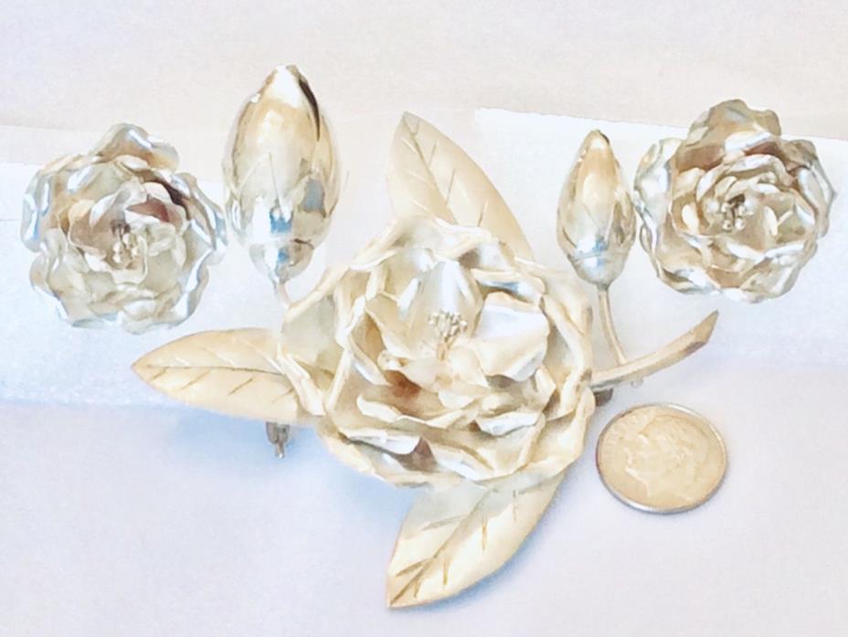 HUGE 3” Vintage Handmade TAXCO STERLING SILVER Rose Floral Pin Earrings Set