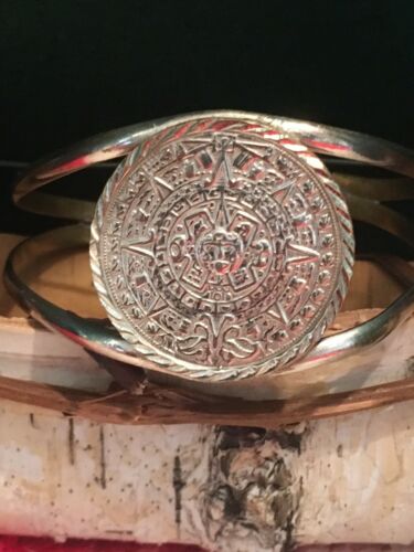 Vintage Silver Over Copper Aztec Tribal Cuff Bracelet 5.5” Fits 7” Wrist Mexico