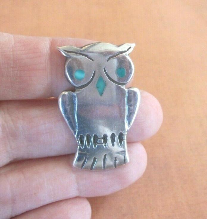 VTG Sterling Silver Adorable Owl Brooch Pin-Turquoise Inlay-Signed JC DN-10.4g