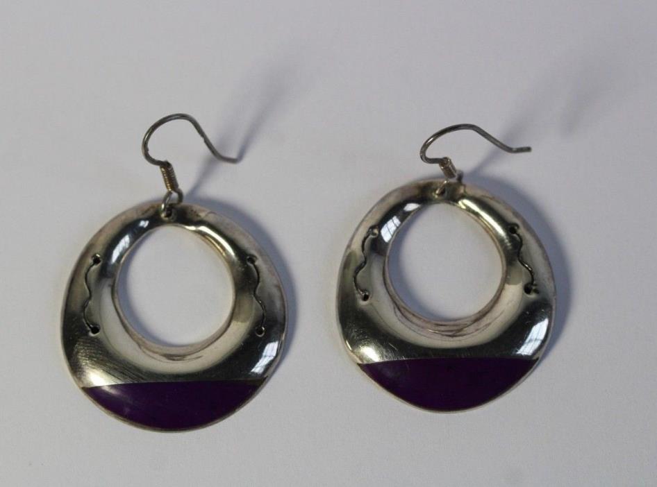 Large Vintage Sterling Silver & Sugalite Taxco Engraved Hoop Dangle Earrings