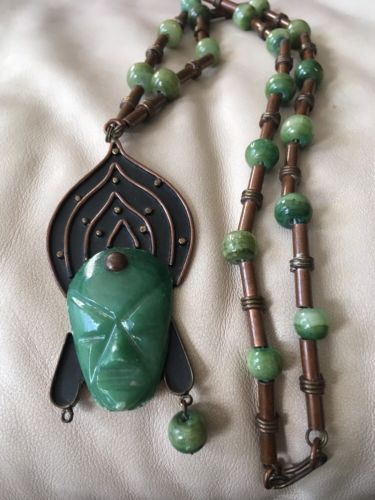 Aztec Vintage Estate Malacite Green Tribal Copper Bead Necklace