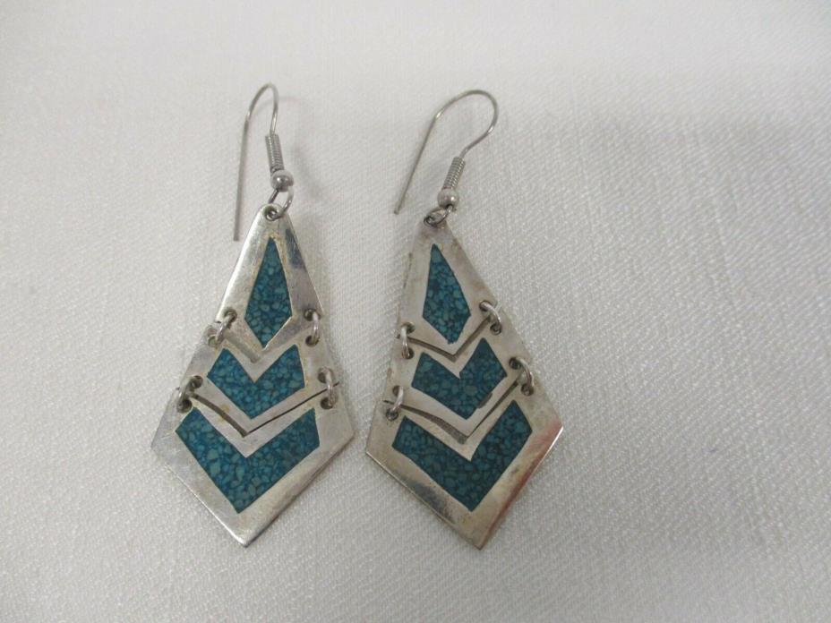VINTAGE MEXICO ALPACA SILVER TURQUOISE INLAY PIERCED EARRINGS 2 1/2