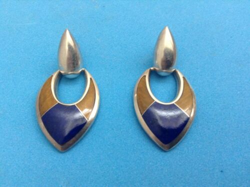Taxco 926 Sterling Silver Blue Lapis Brown Tiger's Eye Earings The Modern Style