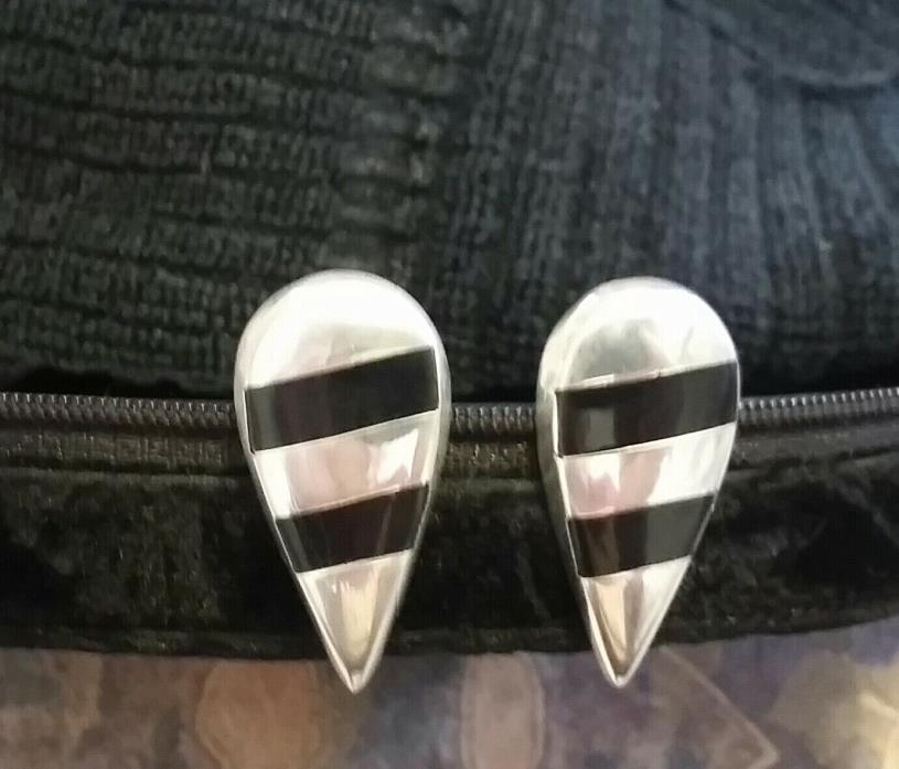 Vintage Taxco  Teardrop Black Onyx On Sterling Silver 925 Clip Earrings Lg.