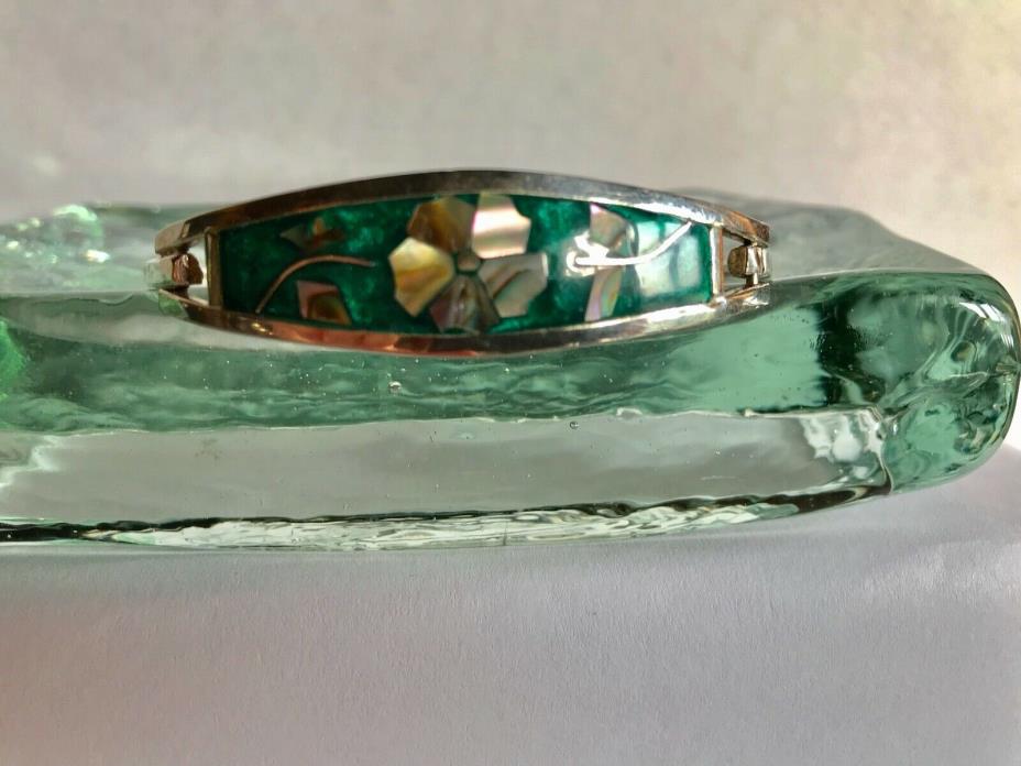 Vintage Taxco Mexico Sterling Silver Abalone Shell Flower Inlay Cuff Bracelet