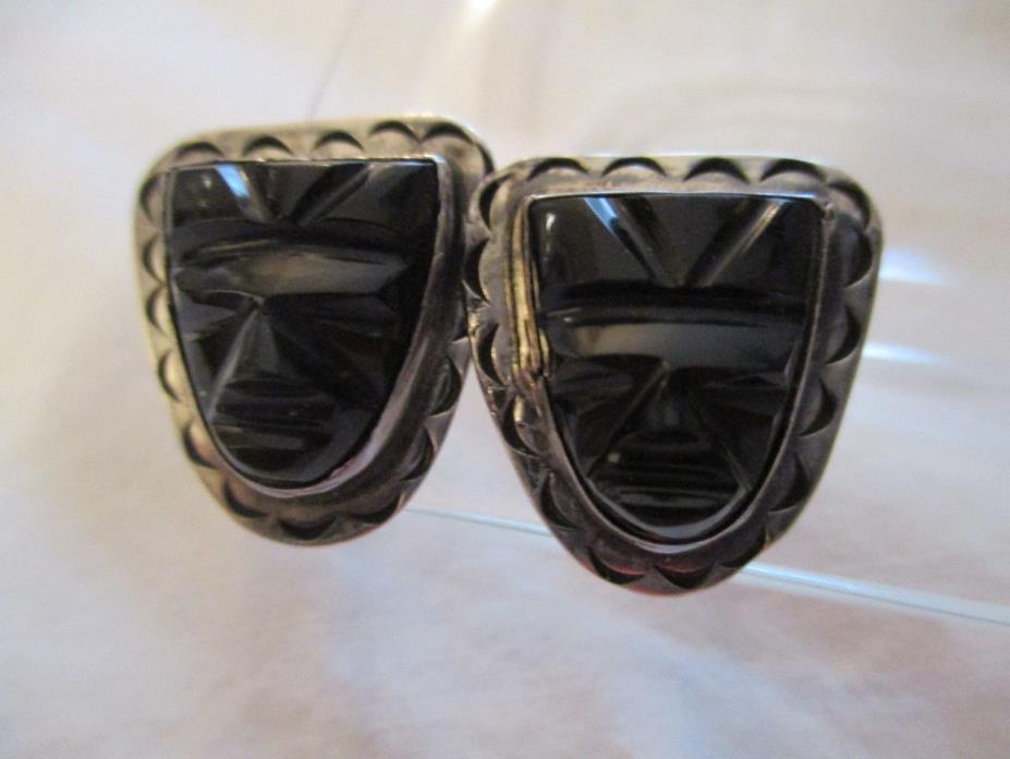 Vintage Mexico Aztec Mayan Carved Black Onyx Earrings 10g Sterling Silver