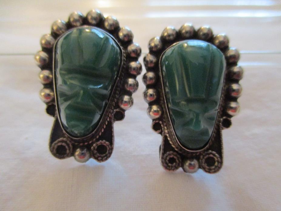 Vintage Mexico signed Sterling Silver Carved Green Onyx Earrings Screw Back
