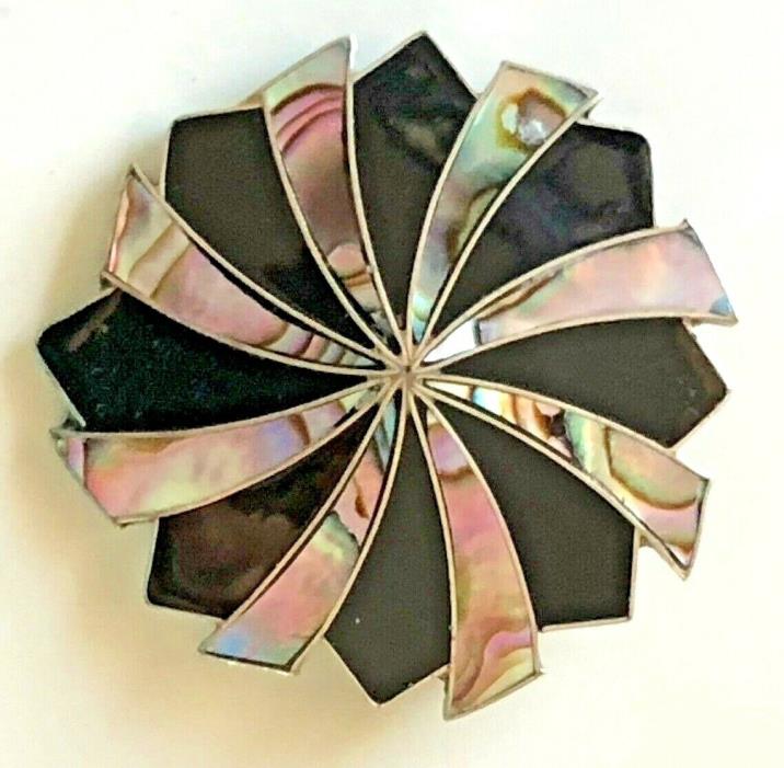 VTG ALPACA MEXICO SILVER ONYX ABALONE SHELL INLAID  BROOCH PENDANT PINWHEEL