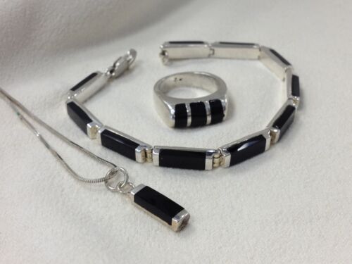 Silver with Black Onyx Inlay Ring, Bracelet and Necklace