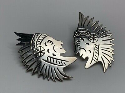 Interesting Vintage Sterling Silver Indian Cut Out Earrings / Taxco Mexico 11.9g