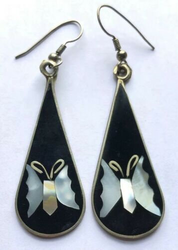 Vintage Alpaca Mexico Dangle Earrings Onyx And Mother Of Pearl MOP Butterflies