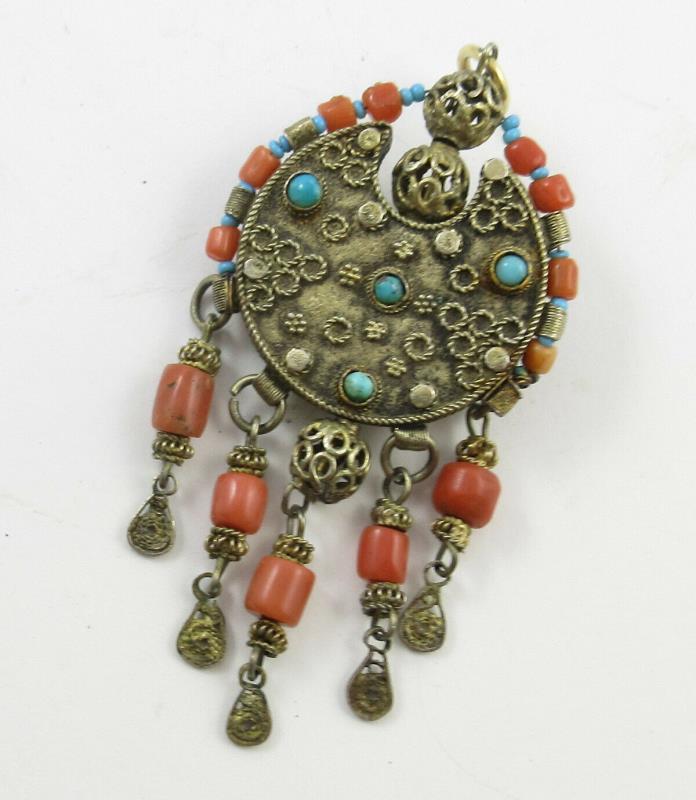 Vintage Middle Eastern Silver and Natural Coral Bead Brooch