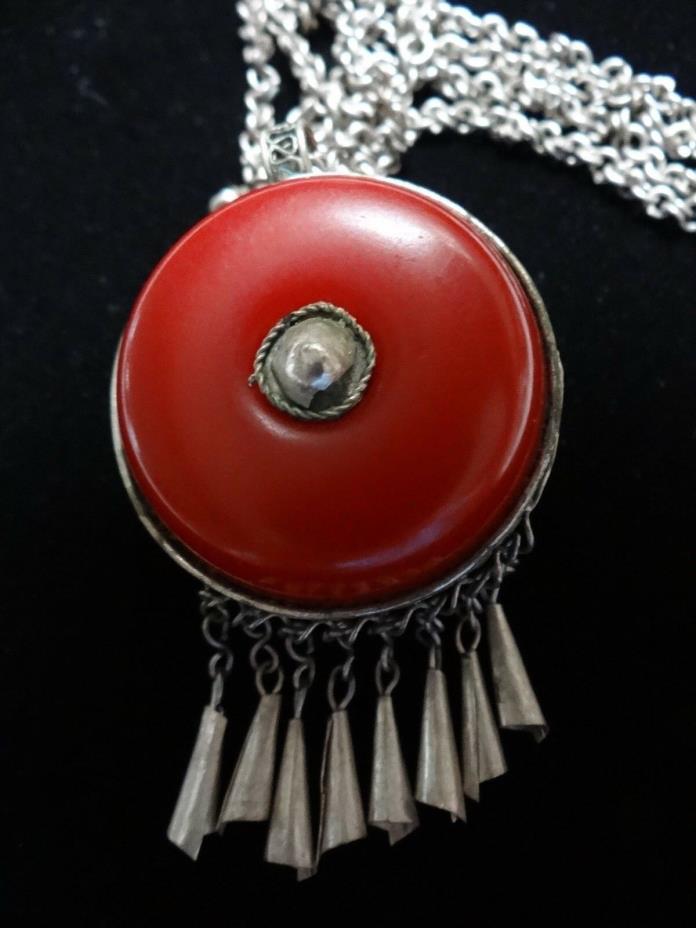 Faturan Amber Resin Bead Pendent Necklace Silver Filigree