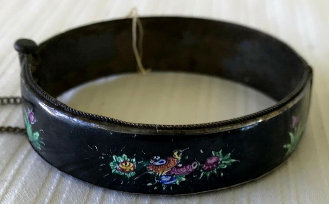 RARE Antique Sterling Silver & Enamel Hand Painted Persian Iran Floral Bracelet