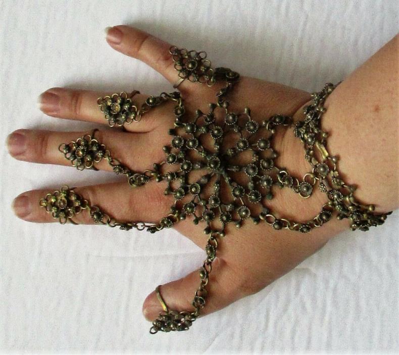 Antique Brass Slave Bracelet Hash Panja Hand Flower Yemeni Harem Bronze Rings