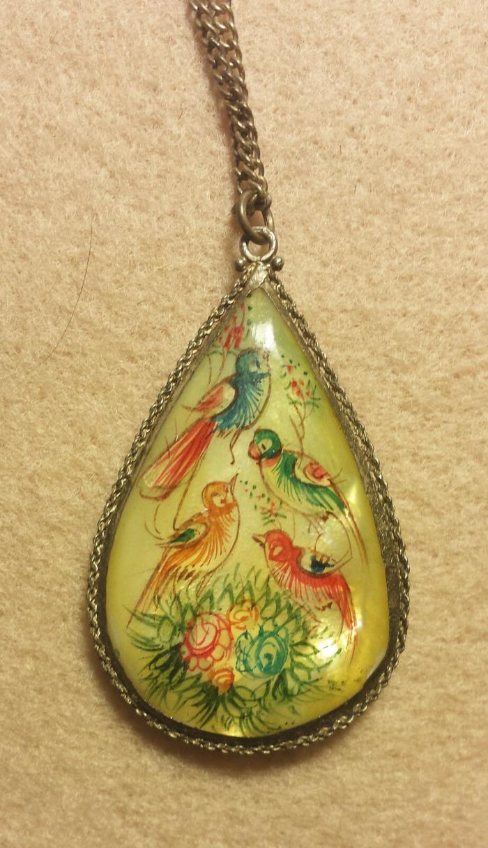 Vintage Persian Silver Mother of Pearl hand Painted Story Pendant