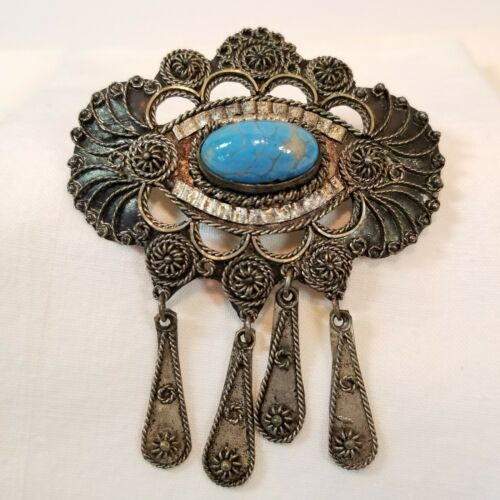 Turquoise Art Glass Cabochon Coin Silver 900 Cannetille Brooch Pin Antique