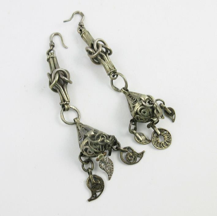 Pair of Vintage Middle Eastern 4 Inch Long Coin Silver Earrings