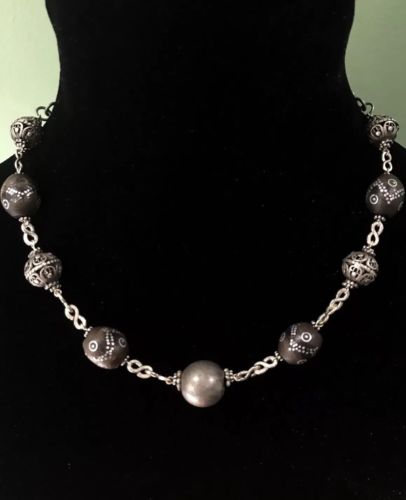 Yemenite Antique Silver Filigree & Natural Black Coral Bead Choker Necklace