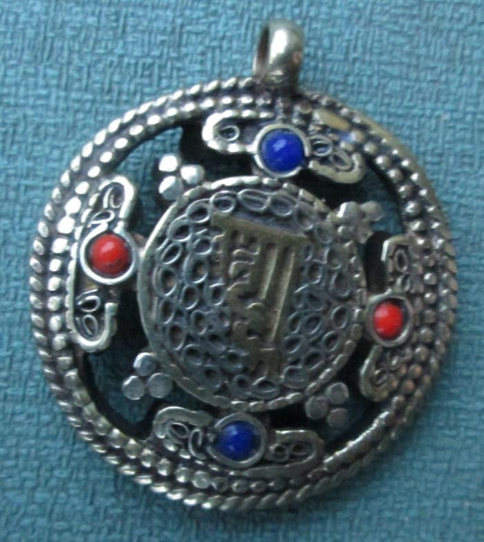 Antique Middle East Filagree Sterling Silver Pendant Coral & Lapis