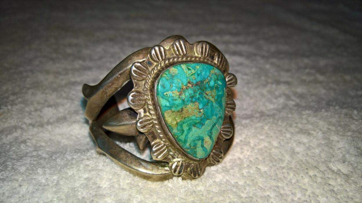 Old Navajo Natural Turquoise & Silver Sandcast Bracelet Cuff