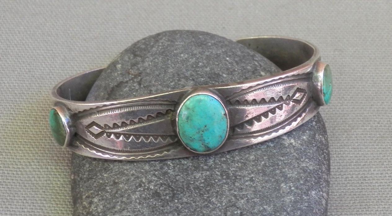 Old Vintage 1920's Indian Silver Stamped 3 Turquoise Unisex Cuff Bracelet