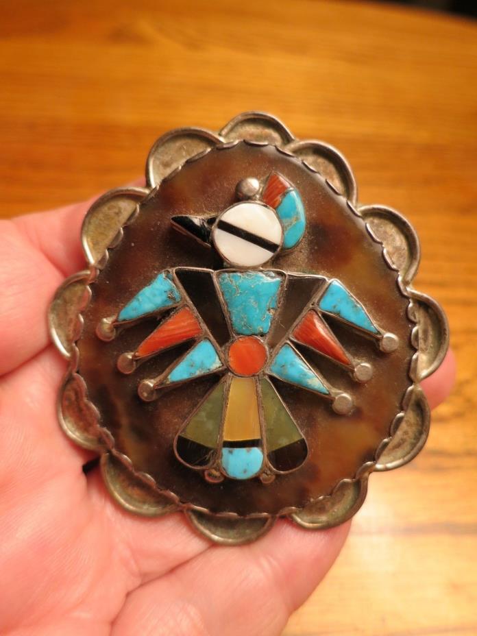 LARGE OLD ZUNI SILVER MULTI-STONE INLAY THUNDERBIRD PIN - CONVERTED BOLO TIE?